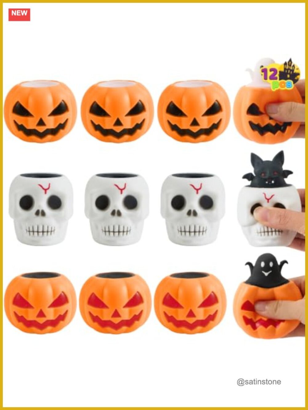 12 PCS Halloween Squishy Toys Set, Pumpkin Skeleton Stress Relief Squeeze Toys